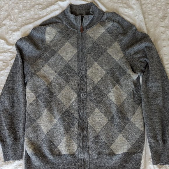 Banana Republic Full Zip Sweater Argyle Gray Merino Wool - Picture 1 of 5